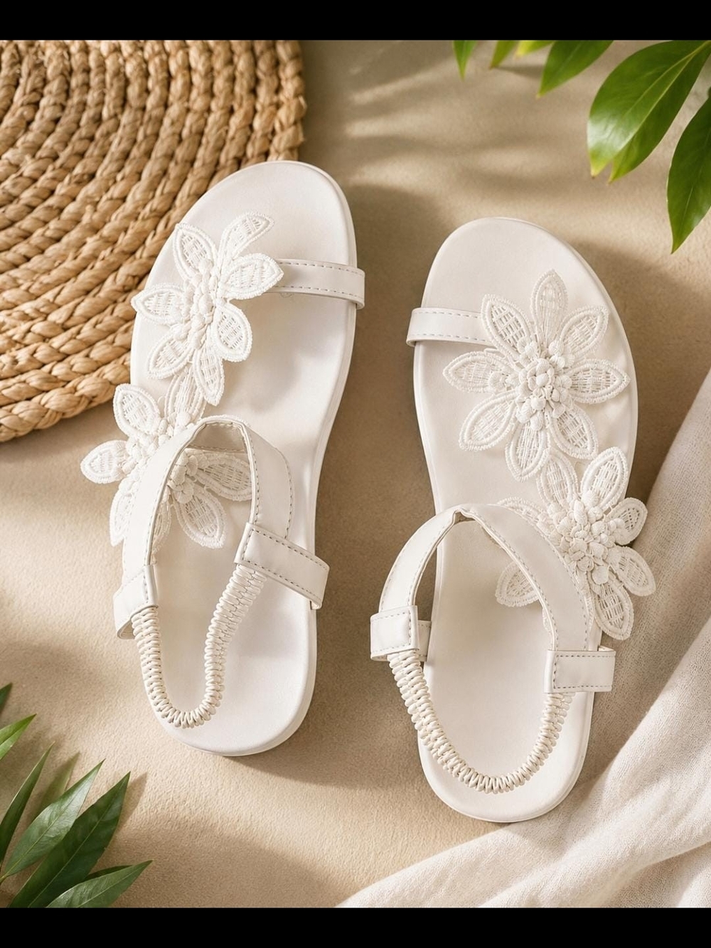 Lace Floral White Women’s Sandals with Elastic Back Strap